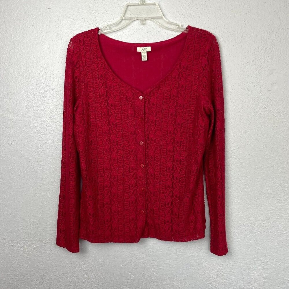 J Jill Women's Red Semi Sheer Lace Long Sleeve Stretch Button Up Shirt - Size S